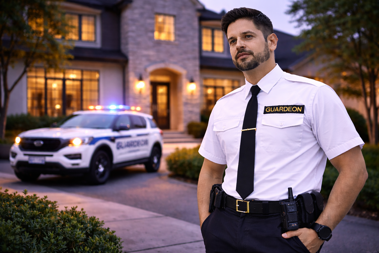 guard in front of luxurious home