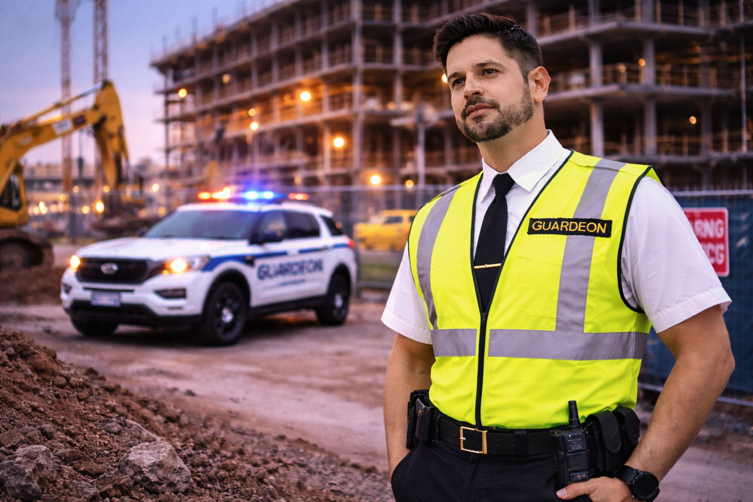 Guard Overseeing Construction Site At Dusk